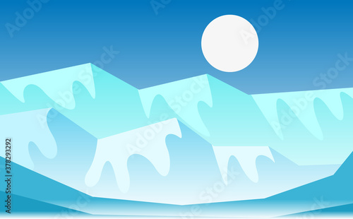 Cartoon Arctic ice landscape with iceberg, sea, hills and snow mountains. Abstract gradient landscape Antarctic background