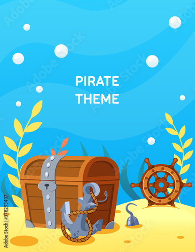 Pirate theme. Vector cartoon treasure chest at bottom of ocean, steering wheel, anchor at depths of sea, among the sand under water. View of the underwater world, ancient treasures, coins, jewelry.