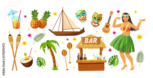Hawaii party. Hawaiian traditional elements. Cocktails, pineapples, torch, ship Hawaiian canoe, palms, bar counter, traditional masks, dancing girl. Tropical vector hawaiian beach party vector