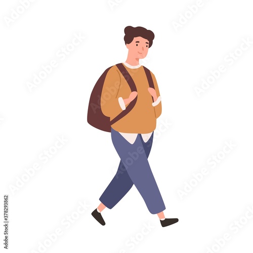 Modern schoolboy with backpack go to elementary school vector flat illustration. Cheerful male pupil or student smiling isolated on white. Happy boy walking wearing trendy outfit