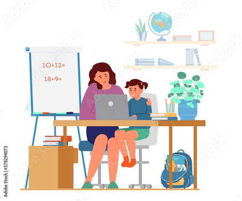 Homeschooling Concept. Mother Or Tutor Teaching Girl At Home. Girl Sitting At Desk At Laptop. Flat Vector Illustration.