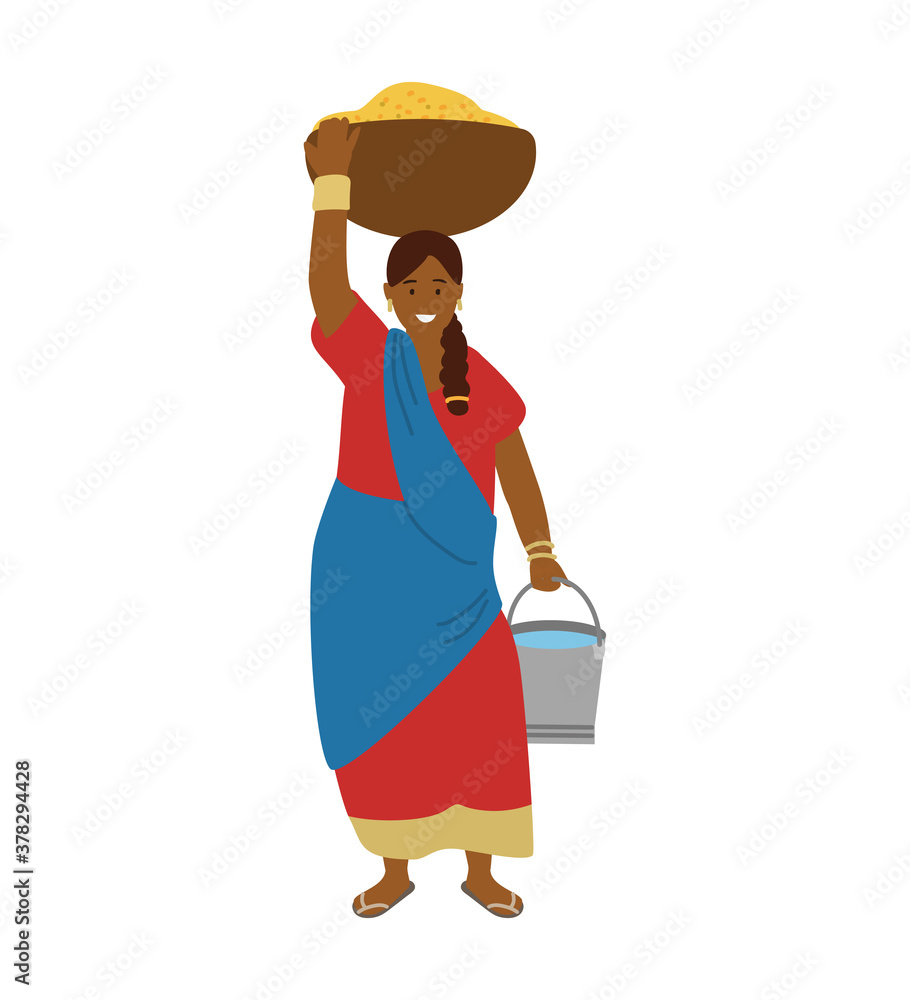 Vector Illustration Of Indian Woman Farmer Carrying Bowl With Wheat