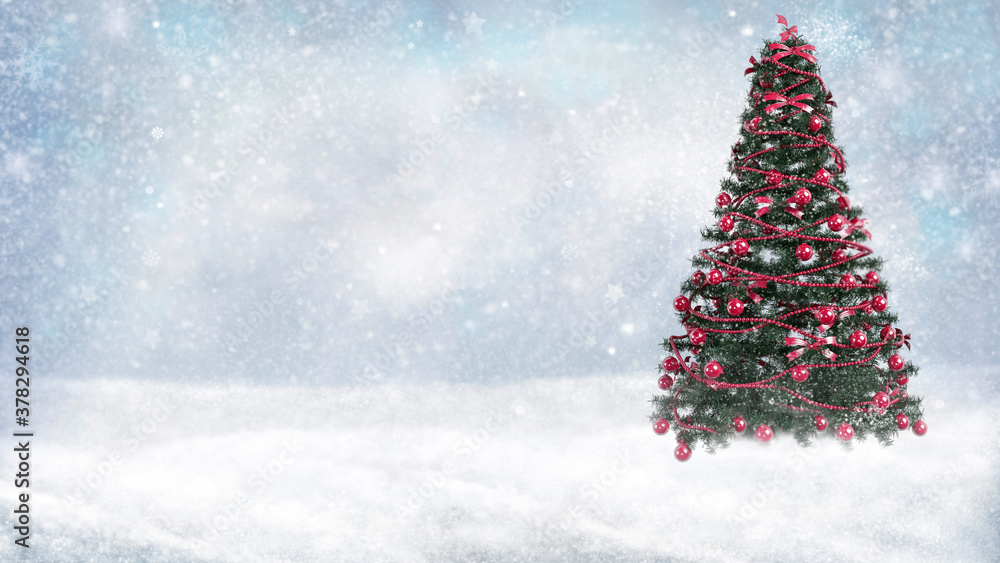 Christmas festive background.  White snow drifts and Christmas tree