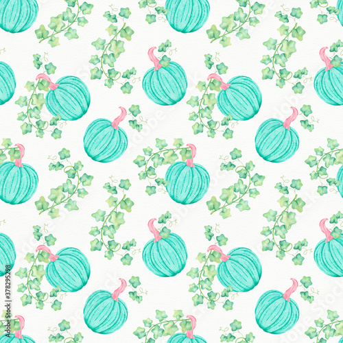 Pumpkin Seamless watercolor pattern of different shapes of pastel colors. Perfect for thanksgiving cards or wrapping paper, halloween design. Background with old paper texture.