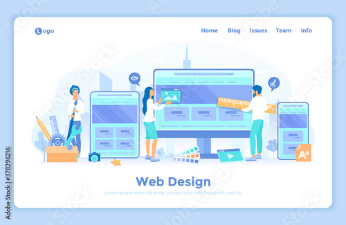Web Design. Website template for monitor, laptop, tablet, phone. A team of web designers are working together to develop a ui-ux website design. landing web page design template decorated with people