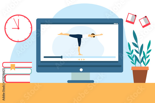 Yoga classes at home. The coach conducts classes online. Interactive learning. Vector illustration in flat style.