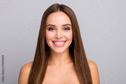 Close-up portrait of her she nice-looking attractive lovely charming cheerful cheery straight-haired girl perfect skin facial serum effect isolated over gray pastel color background