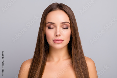 Close-up portrait of her she nice-looking attractive perfect charming straight-haired girl laser peeling effect closed eyes isolated over gray pastel color background