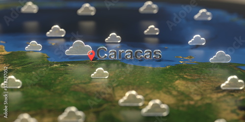 Cloudy weather icons near Caracas city on the map, weather forecast related 3D rendering