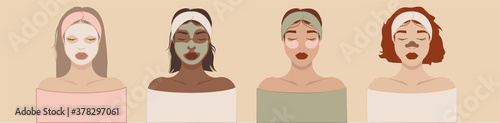 Female faces and beauty cosmetic masks.Beauty and skin care product concept.Application of clay masks, alginate masks, patches, cloth masks.