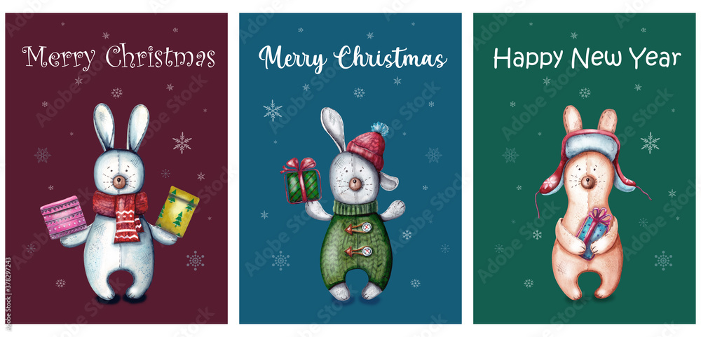 watercolor illustration set of ready-made greeting cards for a Happy Christmas and happy New year. Christmas cute rabbit with a gift in his hand. Cute toy rabbit for poster, invitations and greeting