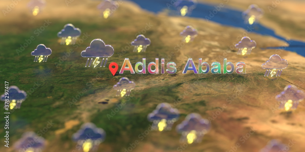 Addis Ababa city and stormy weather icon on the map, weather forecast related 3D rendering Addis Ababa city and stormy weather icon on the map, weather forecast related 3D rendering