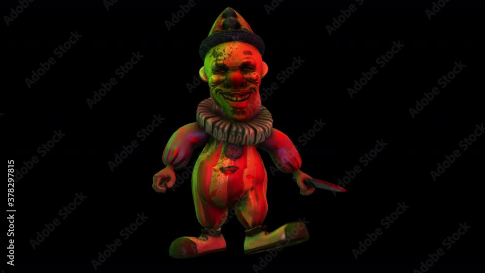 Seamless animation of a horror clown walking with knives with alpha channel. Scary background circus themed visual for Halloween. Seamless animation of a horror clown walking with knives with alpha channel. Scary background circus themed visual for Halloween.