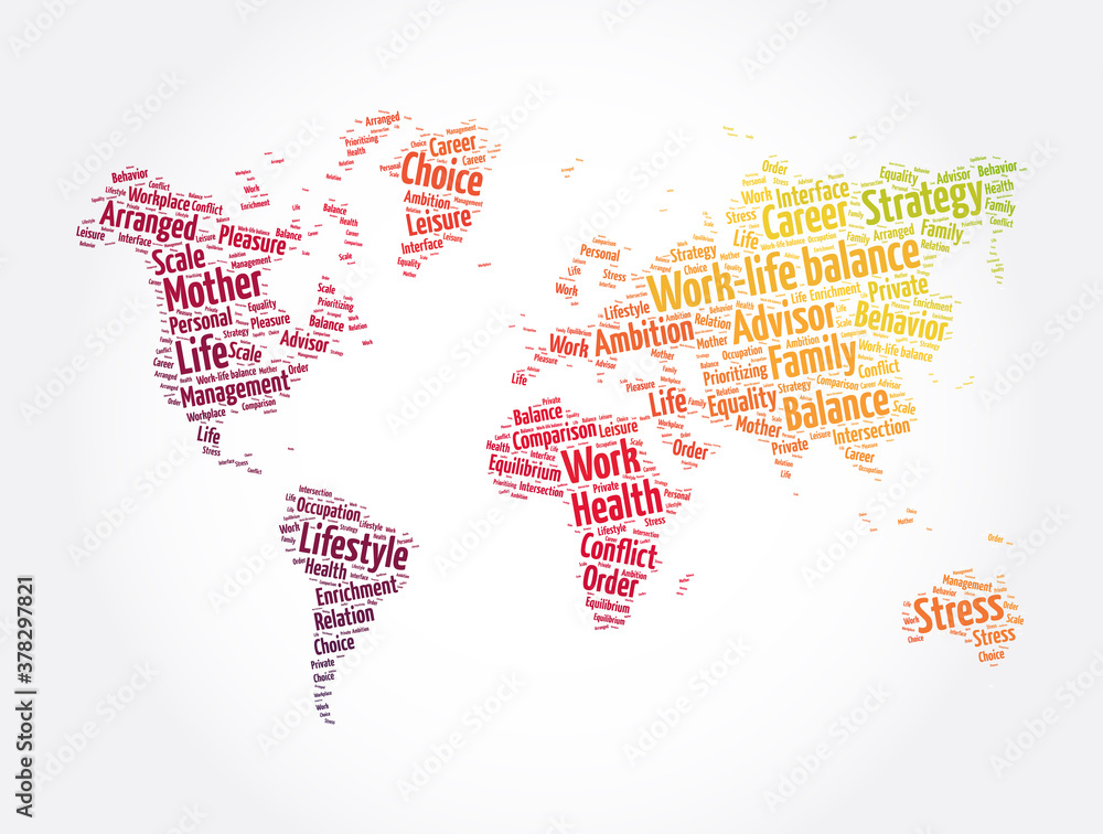 Work-life balance word cloud in shape of world map, concept background Work-life balance word cloud in shape of world map, concept background