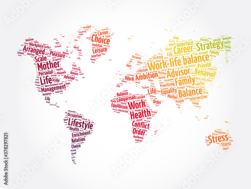 Work-life balance word cloud in shape of world map  concept background