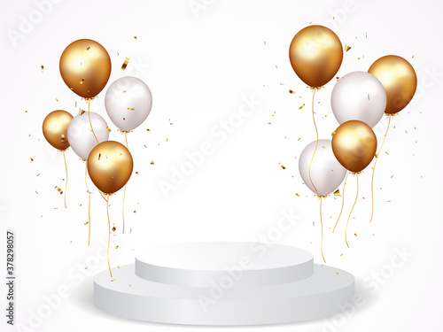Celebration banner with gold confetti and balloons