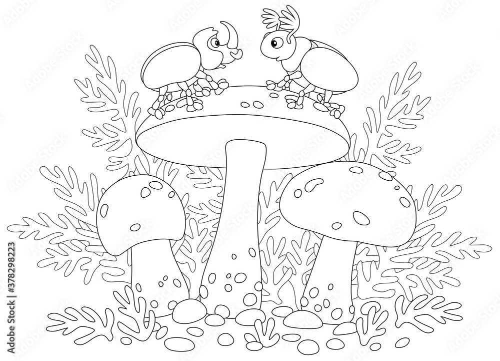 Funny beetles on wild edible mushrooms with big caps hiding among grass in a forest, black and white outline vector cartoon illustration for a coloring book page