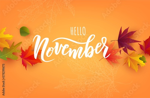 November word. Hand lettering typography with autumn leaves. Vector illustration as poster, postcard, greeting card, invitation template. Concept November advertising