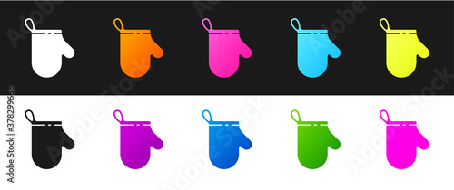 Set Oven glove icon isolated on black and white background. Kitchen potholder sign. Cooking glove. Vector Illustration.