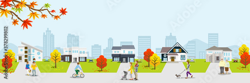 People in Residential area - autumn nature, banner ratio