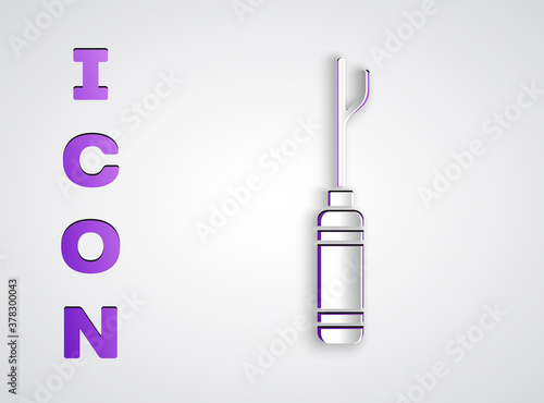 Paper cut Awl tool with wooden handle icon isolated on grey background. Work equipment tailor industry. Paper art style. Vector Illustration.