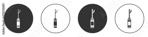 Black Awl tool with wooden handle icon isolated on white background. Work equipment tailor industry. Circle button. Vector Illustration.