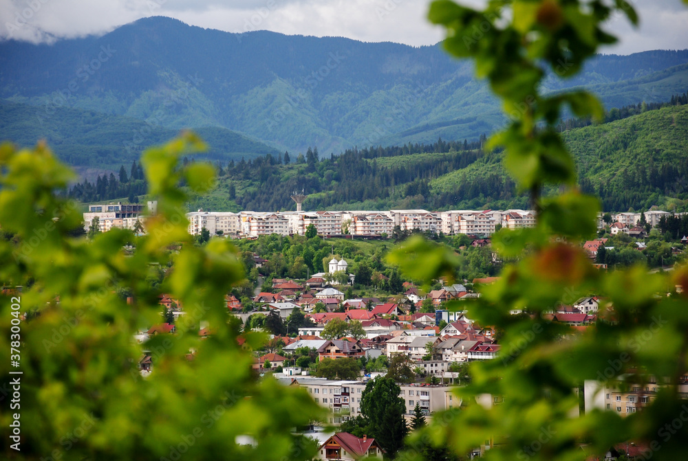 Large working glass residential area in Campulung Muscel, a town in Arges County, Romania - framed by tree branches