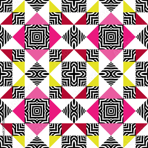 Seamless design of triangles and Zebra stripes. Ethnic boho ornament. Trendy design style. Vector illustration for web design or print.