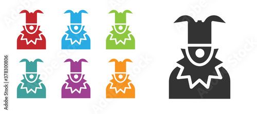 Black Joker head icon isolated on white background. Jester sign. Set icons colorful. Vector.