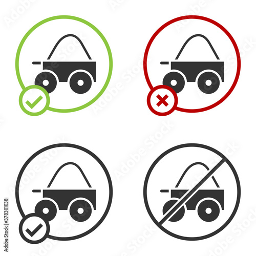 Black Wooden four-wheel cart with hay icon isolated on white background. Circle button. Vector.