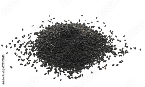 Black cumin, caraway seeds isolated on white background, top view