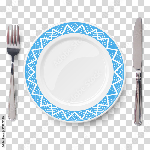 Empty vector blue plate with white geometric line pattern and knife and fork isolated on transparent background. View from above.