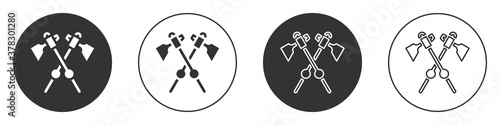 Black Crossed medieval axes icon isolated on white background. Battle axe, executioner axe. Medieval weapon. Circle button. Vector.