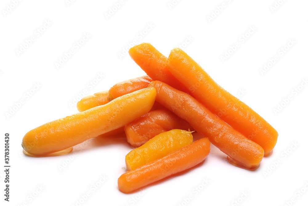 Cooked baby carrots isolated on white background Cooked baby carrots isolated on white background