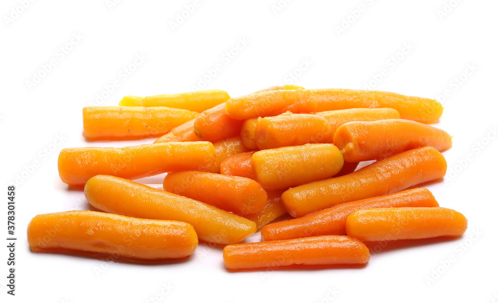 Cooked baby carrots isolated on white background Cooked baby carrots isolated on white background