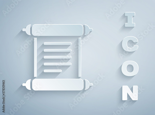 Paper cut Decree, paper, parchment, scroll icon icon isolated on grey background. Paper art style. Vector.