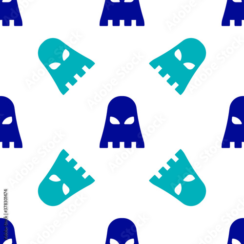 Blue Executioner mask icon isolated seamless pattern on white background. Hangman, torturer, executor, tormentor, butcher, headsman icon. Vector.