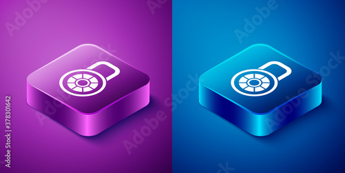Isometric Safe combination lock icon isolated on blue and purple background. Combination padlock. Security, safety, protection, password, privacy. Square button. Vector.