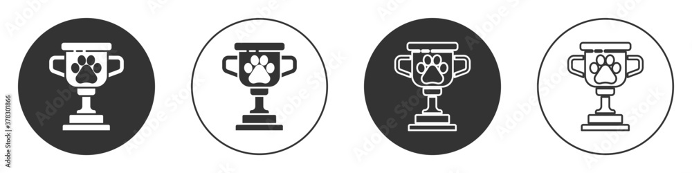 Black Pet award symbol icon isolated on white background. Medal with dog footprint as pets exhibition winner concept. Circle button. Vector. Black Pet award symbol icon isolated on white background. Medal with dog footprint as pets exhibition winner concept. Circle button. Vector.