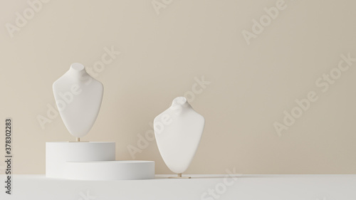 Bust showcase jewelry display for necklace pendant in a cream background. Stand holder. Beige color mannequin jewelry stand. Trendy 3d render for social media banners, promotion, presentation, picture