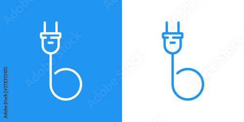 Concepto energía eléctrica. Logotipo lineal letra inicial B con enchufe eléctrico con cable en fondo azul y fondo blanco