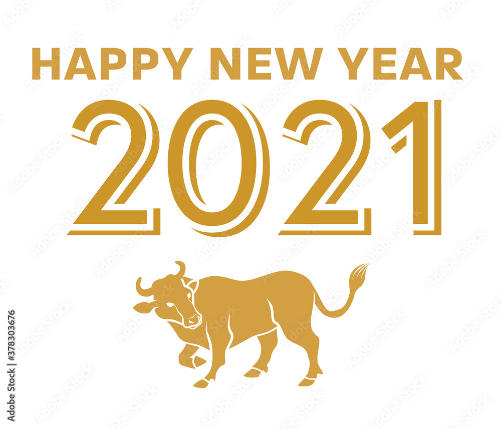 2021 Year of the ox symbolic clipart - greeting words and cattle icon