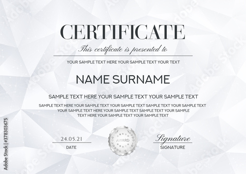 Certificate template with geometric poly pattern (triangle shape texture) and curved digital lines. Abstract white technology background for Diploma, modern award design
