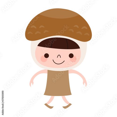 しいたけのキャラクター。野菜の椎茸の被り物をして楽しそうに踊っている子どものイラスト。