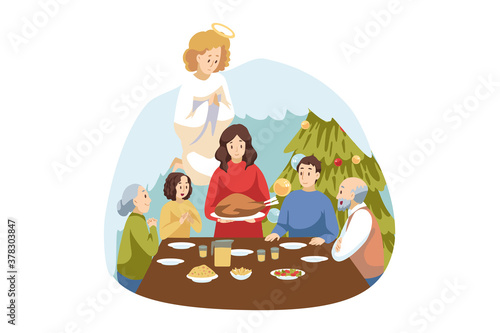 Christianity, religion, New Year, celebration, prayer, holiday, worship, support concept. Angel biblical religious character watches at young family father son daughter mother on Christmas eve praying