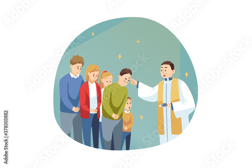 Religion, holiday, Bible, celebration concept. Young man guy priest receiveing communion of people men women parish in church celebrating Ash Wednesday. Religious lifestyle Lent beginning illustration