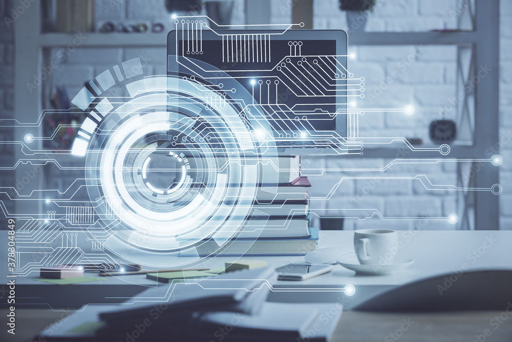 Multi exposure of desktop computer and technology theme hologram. Concept of software development. Multi exposure of desktop computer and technology theme hologram. Concept of software development.