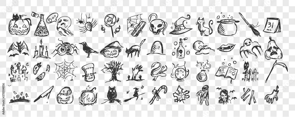Halloween doodle set. Collection of hand drawn pencil sketches templates patterns of bats pumpkins zombies owls ghots creatures on transparent background. Illustration of all saints day symbols. Halloween doodle set. Collection of hand drawn pencil sketches templates patterns of bats pumpkins zombies owls ghots creatures on transparent background. Illustration of all saints day symbols.