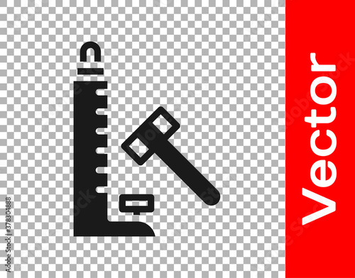 Black High striker attraction with big hammer icon isolated on transparent background. Attraction for measuring strength. Amusement park. Vector.