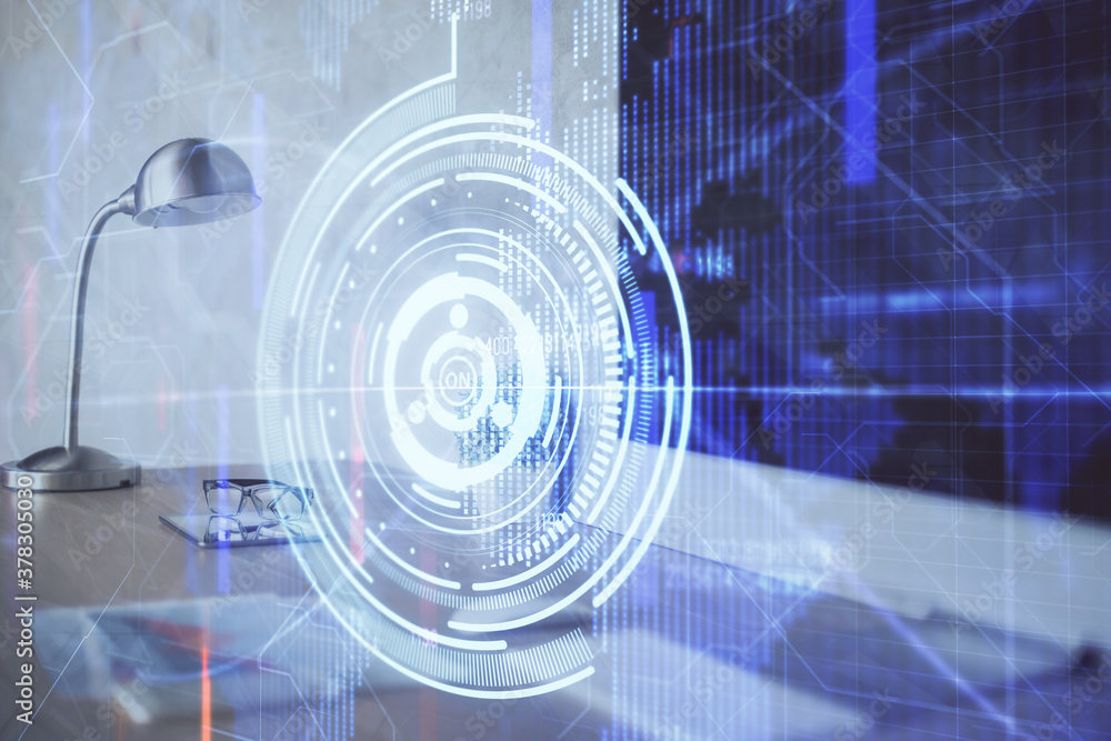 Double exposure of desktop computer and technology theme hologram. Concept of software development. Double exposure of desktop computer and technology theme hologram. Concept of software development.